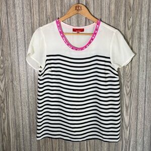 Saks Fifth Avenue Black White Striped Pink Neon Rhinestone Collar Blouse Top